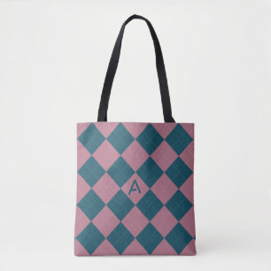Argyle-Muster-Monogramm ozeanblau rosa Tragetasche Tasche