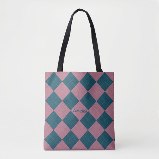 Argyle-Muster Name Ozeanblau Rosa Tragetasche Tasche (Vorderseite)