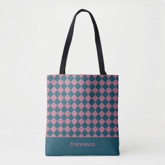 Argyle-Muster ozeanblau rosa Name Tragetasche Tasche (Vorderseite)