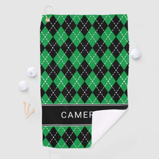 Argyle Plaid Create Custom Name  Black Green Golfhandtuch (Insitu)