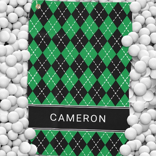 Argyle Plaid Create Custom Name Black Green Golfhandtuch