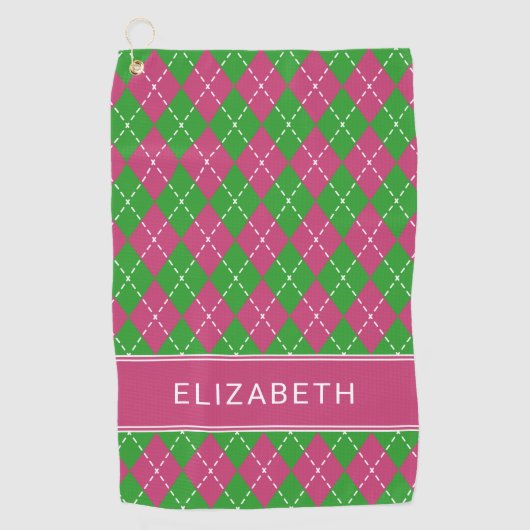 Argyle Plaid Pink Green Custom Name Preppy Golfhandtuch (Vorderseite)