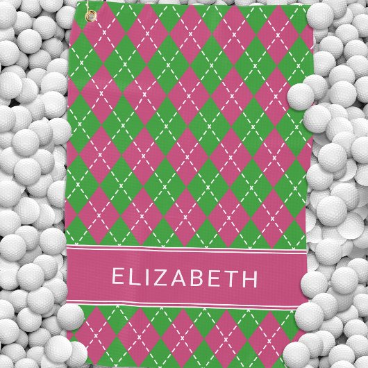 Argyle Plaid Pink Green Custom Name Preppy Golfhandtuch