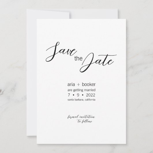 Aria ・ Elegantes, modernes Script schwarz und weiß Save The Date (Vorderseite)