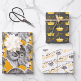 Aries Birthday Zodiac Bighorn Ram Animal Art Crown Geschenkpapier Set