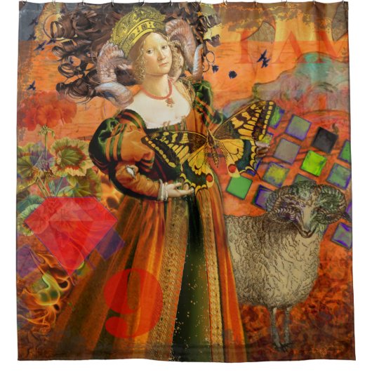Aries Orange Women: Gothic Ram Antique Art Collage Duschvorhang (Vorderseite)