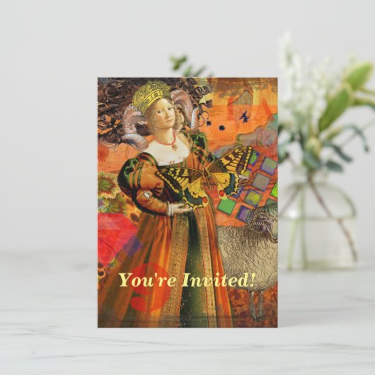 Aries Orange Women: Gothic Ram Antique Art Collage Einladung (Stehend Vorderseite)