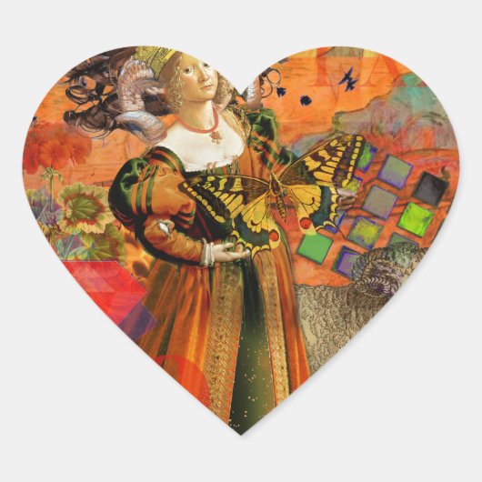 Aries Orange Women: Gothic Ram Antique Art Collage Herz-Aufkleber (Vorderseite)