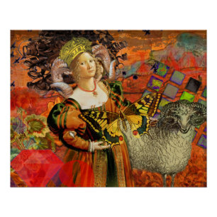 Aries Orange Women: Gothic Ram Antique Art Collage Poster