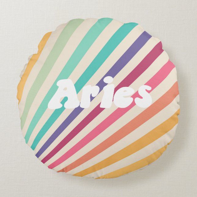 Aries Retro Rainbow Zodiac Astrologie Rundes Kissen (Vorderseite)