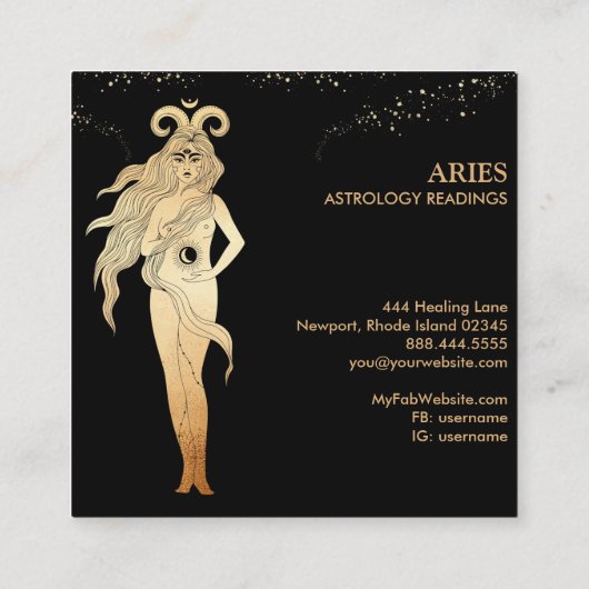 *~* ARIES Zodiac Astrologie Lesen Gold Schwarz Quadratische Visitenkarte (Rückseite)