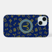 Aries Zodiac+Astrology Symbole Muster Gold+Blues iPhone 15 Hülle (Rückseite (Horizontal))