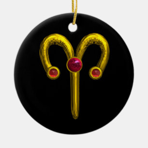 ARIES ZODIAC BIRTHDAY JEWEL Red Ruby Gold Keramik Ornament
