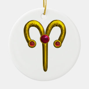 ARIES ZODIAC BIRTHDAY JEWEL Red Ruby Gold Keramik Ornament