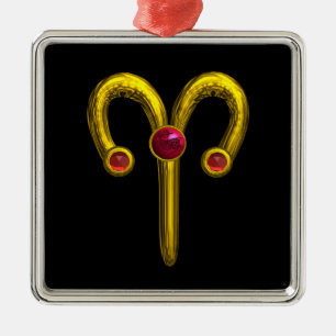 ARIES ZODIAC BIRTHDAY JEWEL Red Ruby Gold Ornament Aus Metall