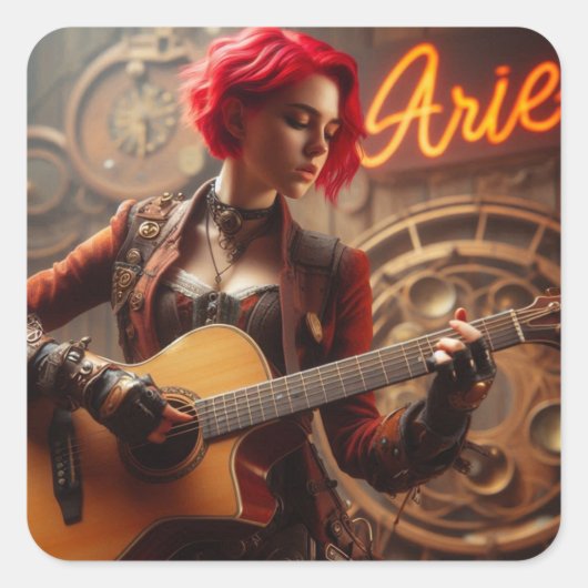 Aries Zodiac Musician Guitar Quadratischer Aufkleber (Vorderseite)