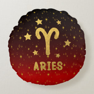 Aries Zodiac Red and Gold Round Pillow Rundes Kissen