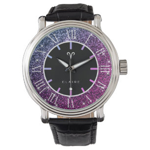 Aries Zodiac Sign Luxus Pink Lila Glitzer Stars Armbanduhr