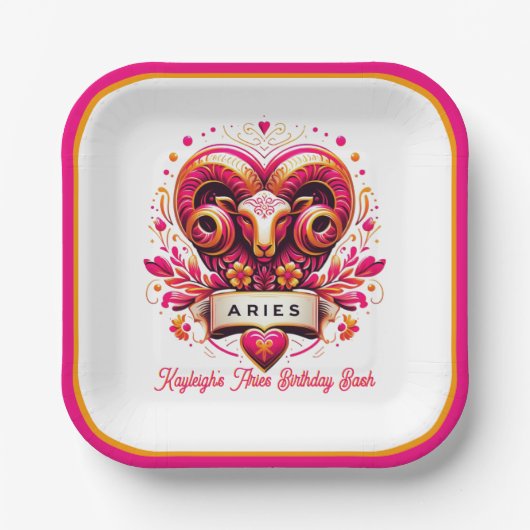 Aries Zodiac Sign Pink und Orange Ram Birthday Pappteller (Vorderseite)