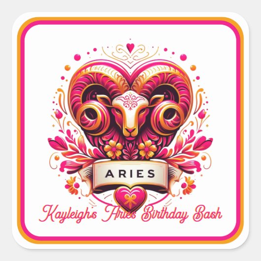 Aries Zodiac Sign Pink und Orange Ram Birthday Quadratischer Aufkleber (Vorderseite)