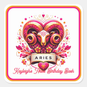 Aries Zodiac Sign Pink und Orange Ram Birthday Quadratischer Aufkleber