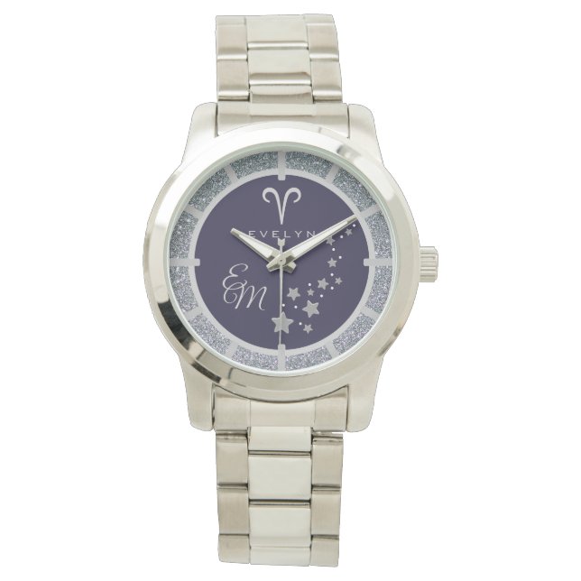 Aries Zodiac Silver Glitzer Dark Blue Mit Monogram Armbanduhr (Vorderseite)