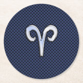 Aries Zodiac Symbol Navy Blue Carbon Fibre Style Runder Pappuntersetzer (Vorderseite)