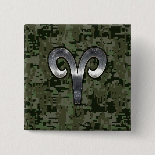 Aries Zodiac Symbol Woodland Digital Camouflage Button (Vorderseite)