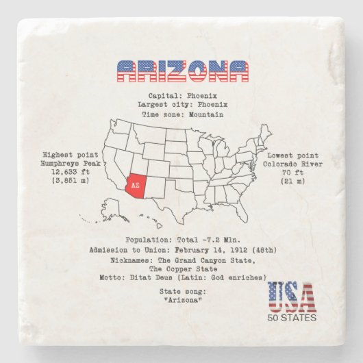 Arizona American Staat auf einer Karte und nützlic Steinuntersetzer (Vorderseite)