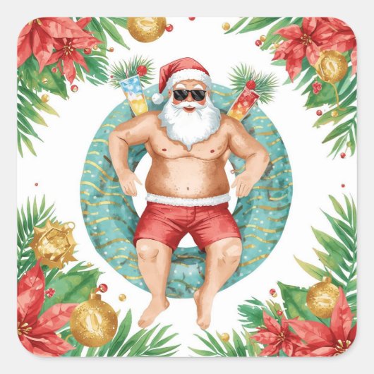 Arizona Christmas themed with Santa Pool party  Quadratischer Aufkleber (Vorderseite)