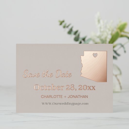 Arizona Hochzeit speichern Datum Rose Gold Folieneinladung (Stehend vorne)