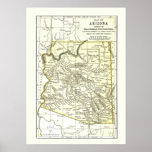 Arizona Karte 1891 Städte, Bahn und Reservationen Poster (Vorne)