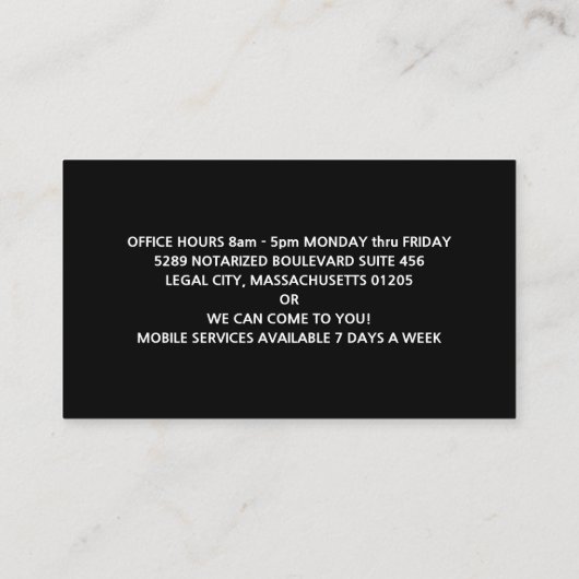 Arizona Notary Public Services Visitenkarte (Rückseite)