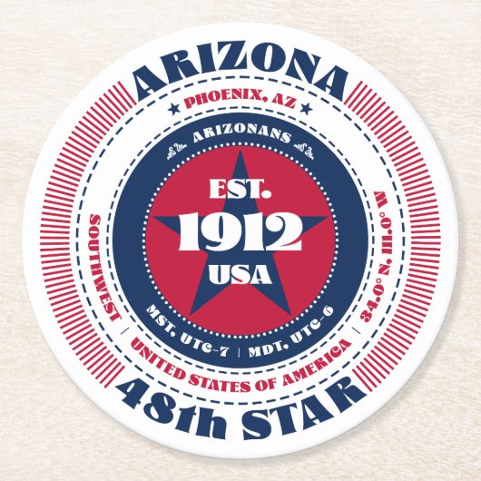 Arizona Red White Blue Typografie Runder Pappuntersetzer (Vorderseite)