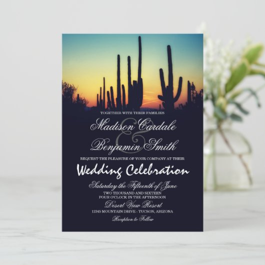 Arizona Saguaro Cactus Sunset Wedding Invitations Einladung (Stehend Vorderseite)