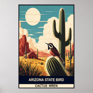 Arizona Staat Bird - Cactus Wren Vintag Poster