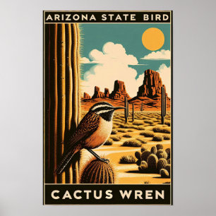 Arizona Staat Bird - Cactus Wren Vintag Poster