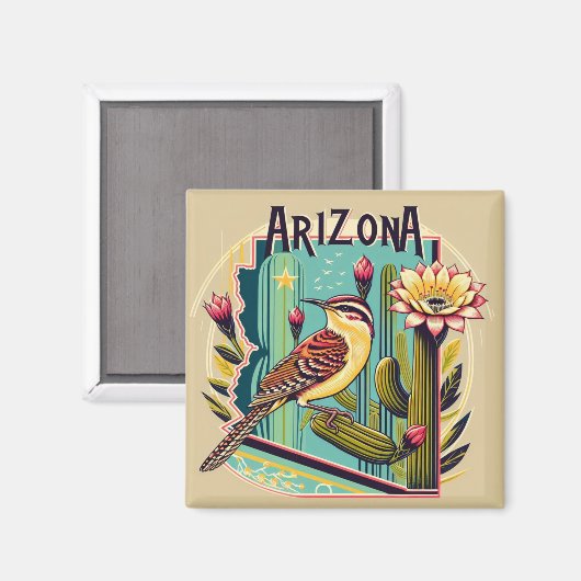 Arizona Staat Blume und Bird Cactus Wren Magnet (Vorderseite/Rückseite)