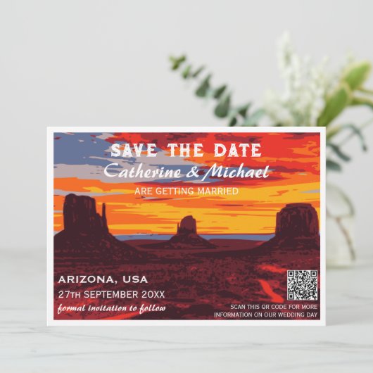 Arizona Sunset Travel Poster Style QR Code Save The Date (Stehend Vorderseite)
