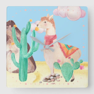 Arizona Wüste LIama Kaktus Blume Natur Quadratische Wanduhr