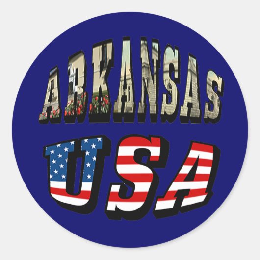 Arkansas Picture und USA Flag Text Runder Aufkleber (Vorderseite)