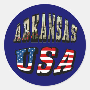 Arkansas Picture und USA Flag Text Runder Aufkleber
