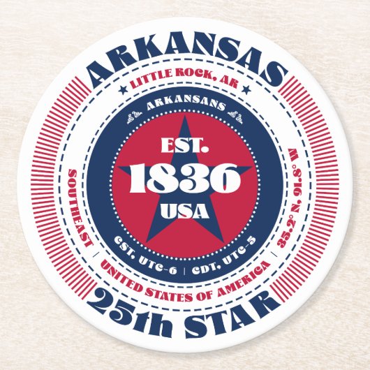 Arkansas Red White Blue Typografie Runder Pappuntersetzer (Vorderseite)