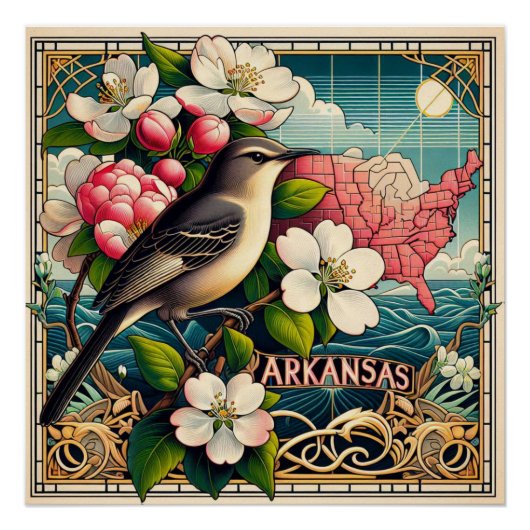 Arkansas Staat Blume und Bird Design Blue Red Poster (Vorderseite)