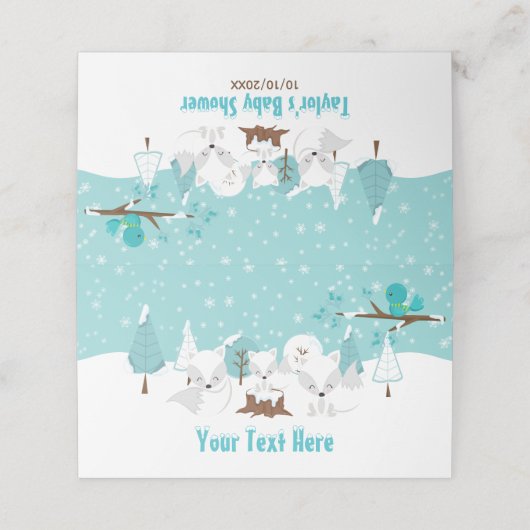 Arktische Füchse Winter Wonderland Baby Dusche Platzkarte (Außenseite Aufgefaltet)