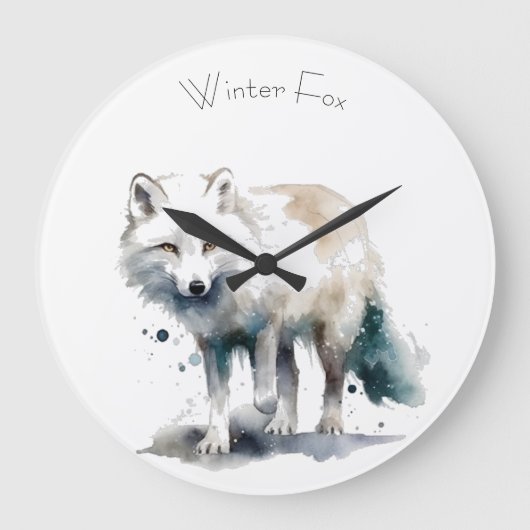 Arktische Schönheit: Winter Fox Custom Große Wanduhr (Vorderseite)