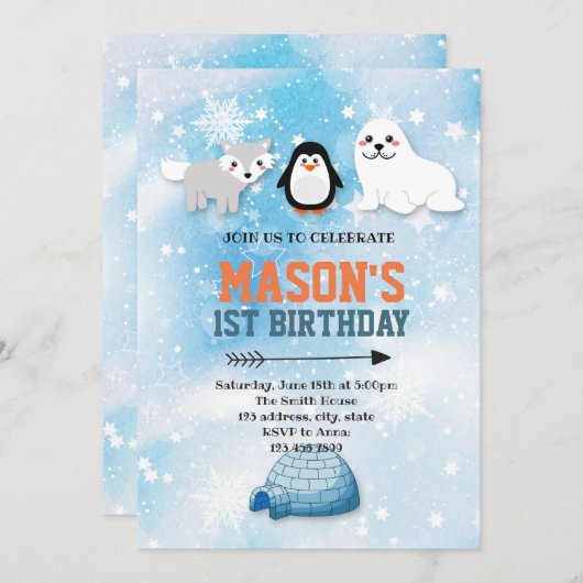 Arktische Tier-Party Einladung (Vorne/Hinten)