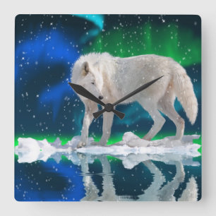 Arktische Wolf-, Schnee-u. Aurora-Tier-Kunst-Uhr Quadratische Wanduhr