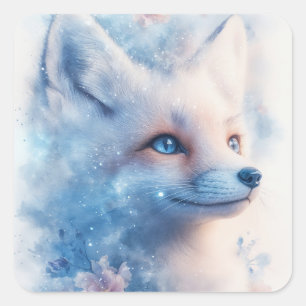 Arktischer Fuchs mit blauen Augen im Galaxiennebel Quadratischer Aufkleber