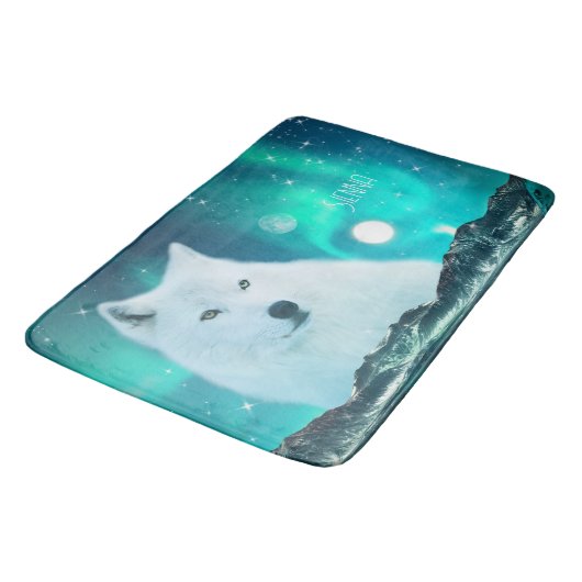 Arktischer Wolf und zauberhafte Nacht mit Nordlich Badematte (Schrägansicht)